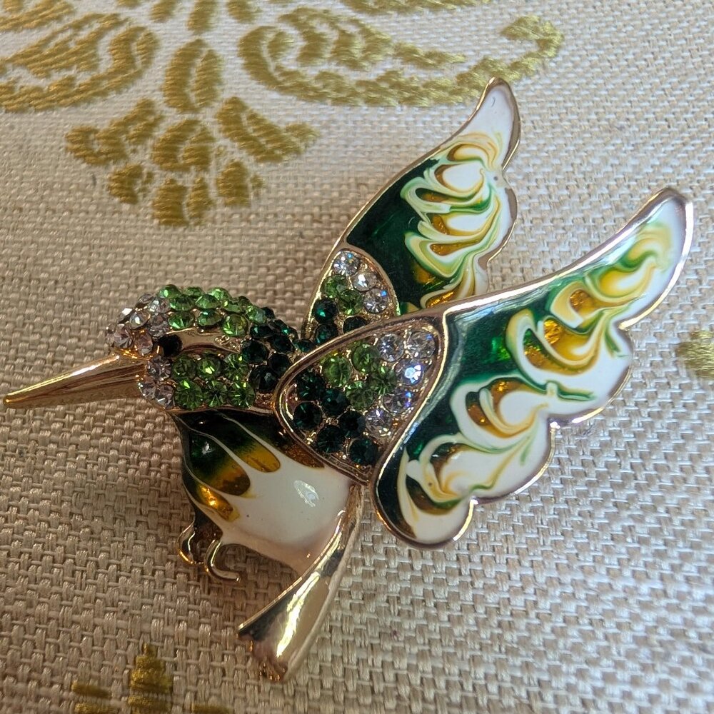 Gorgeous Hummingbird Pin Brooch Green Gold Enamel Cubic Zirconia
